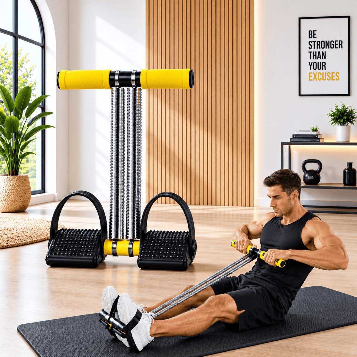 Full body exercise double tummy trimmer in black with adjustable straps, designed for core and abdominal workouts.